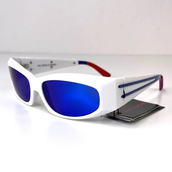LE SPECS Adam Selman The Edge Sunglasses NEW White WIth Blue Mirror Lenses - Picture 11 of 16